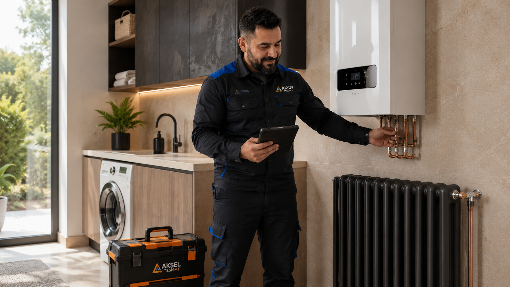Kombi tesisat bağlantılarını kontrol eden usta