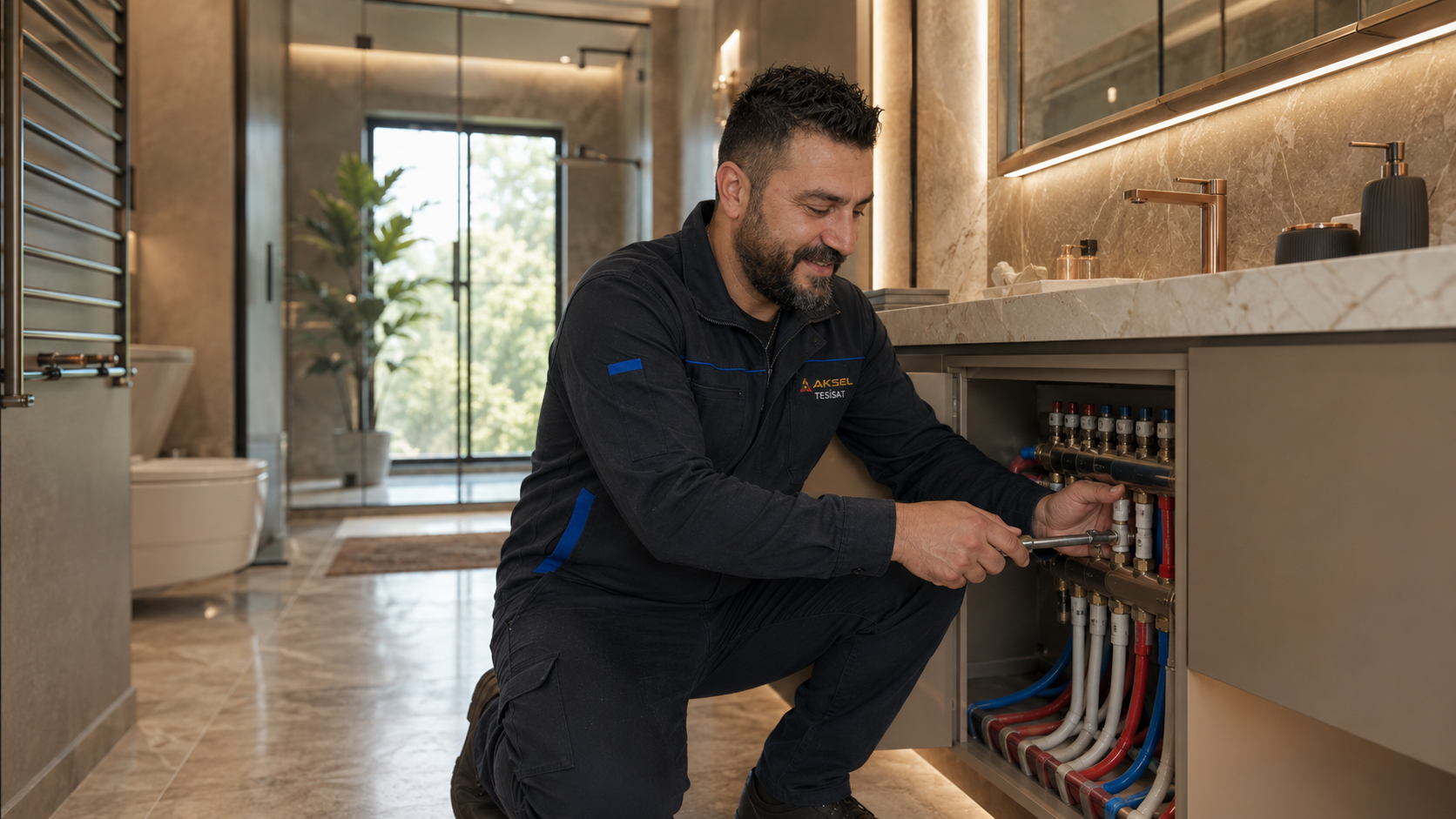 Banyo tesisatı yenileme sırasında temiz su ve gider hatlarını hazırlayan usta