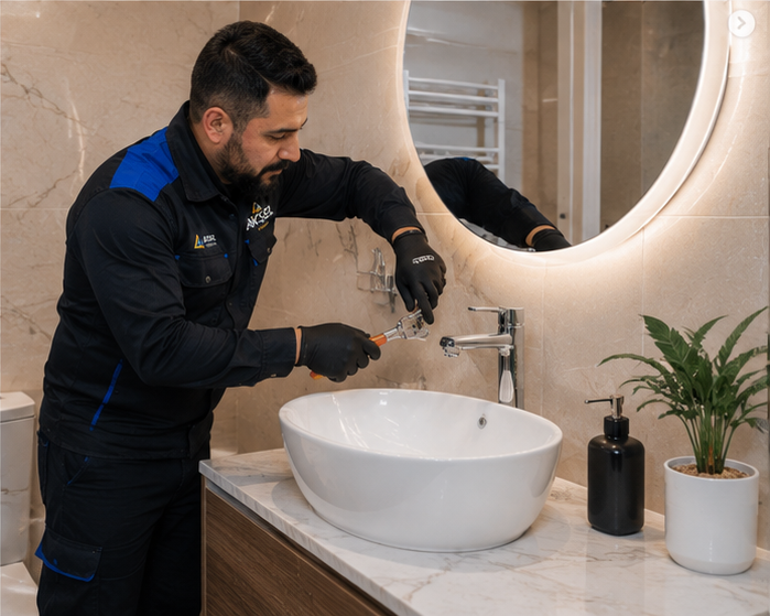 Banyo sıhhi tesisatını inceleyen AKSER ustası