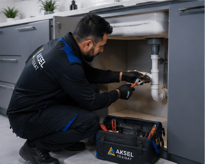 Lavabo altı tesisatını kontrol eden usta